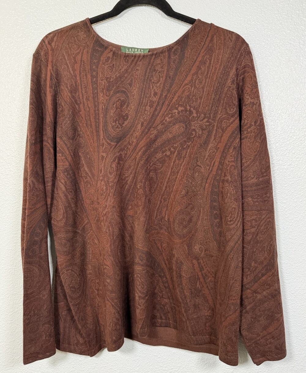 Lauren Ralph Lauren Women’s 2X Silk Cashmere Sweater Brown Paisley Lightweight